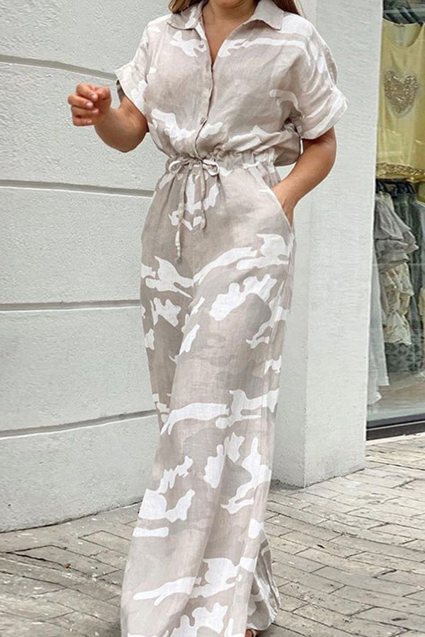 Irregular Print High Waist Side Pocket Button Tie Jumpsuit Grey