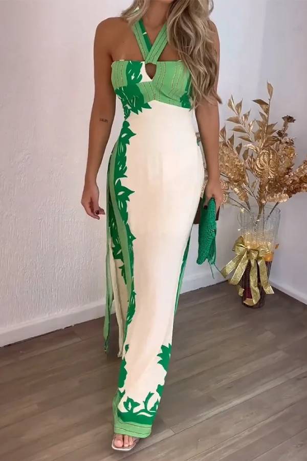 Halter Neck Hollow Casual Printed Dress
