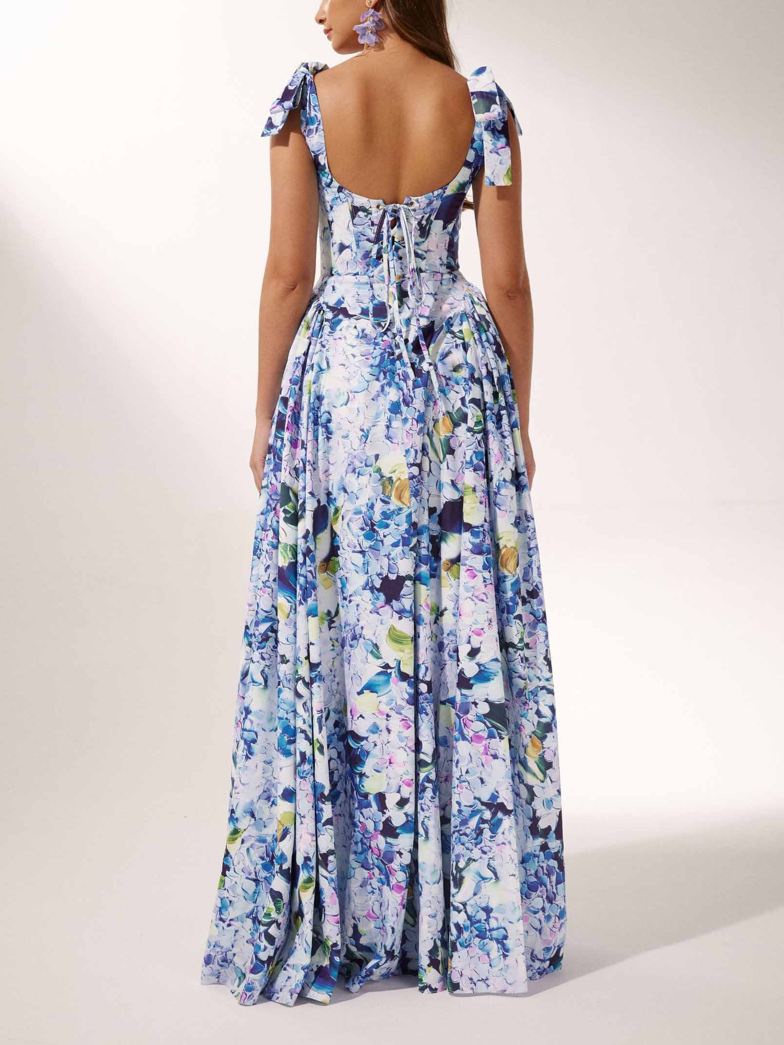 Robe longue à imprimé hortensia et bretelles à nœud