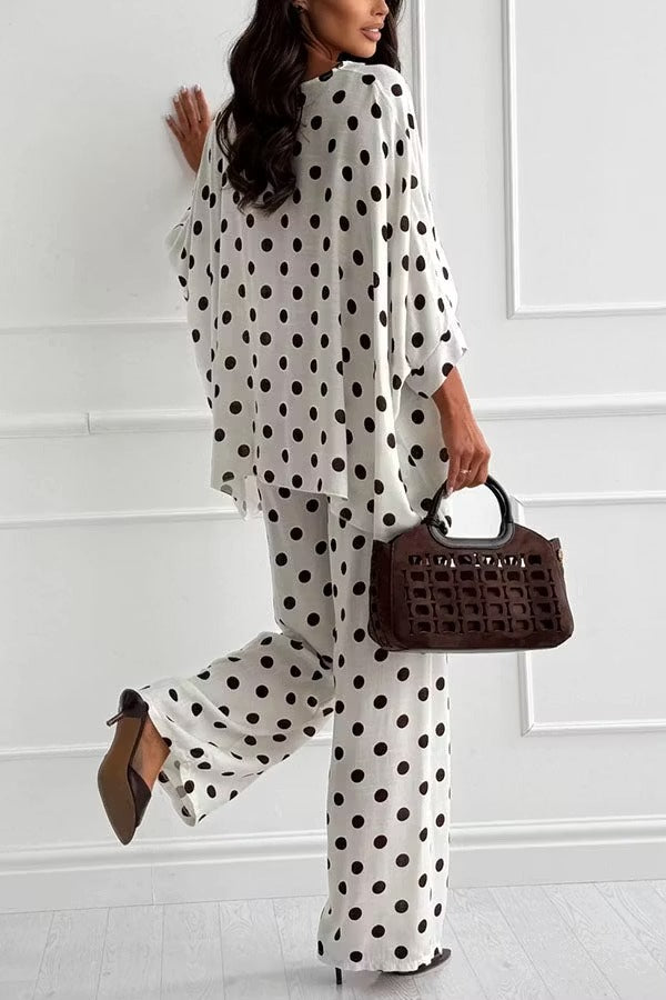 Verne Linen Blend Polka Dot Batwing Sleeve Top and Elastic Waist Pocket Loose Pants Set