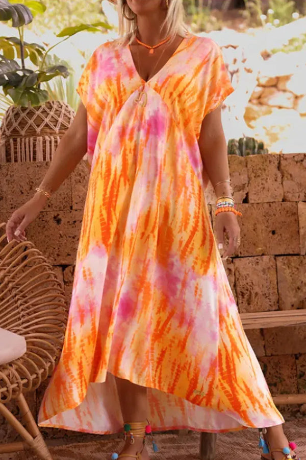 V-neck Tie-dye Printed Big Swing Dress Orange