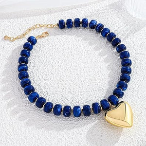 Vintage Blue Marbled Bead Heart Pendant Choker Necklace Boho Contrast Color Collar