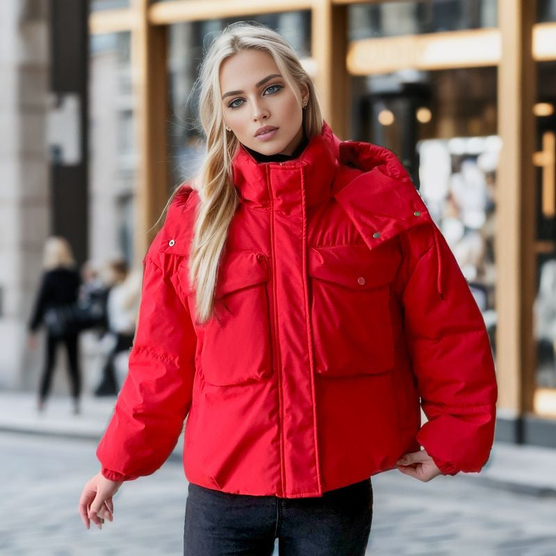 women's short pocket workwear cotton coat Red