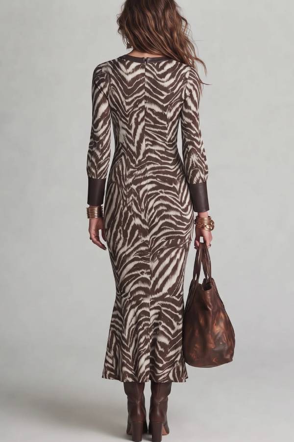 Brown Zebra-Print Cut-Out Keyhole Neck Maxi Dress