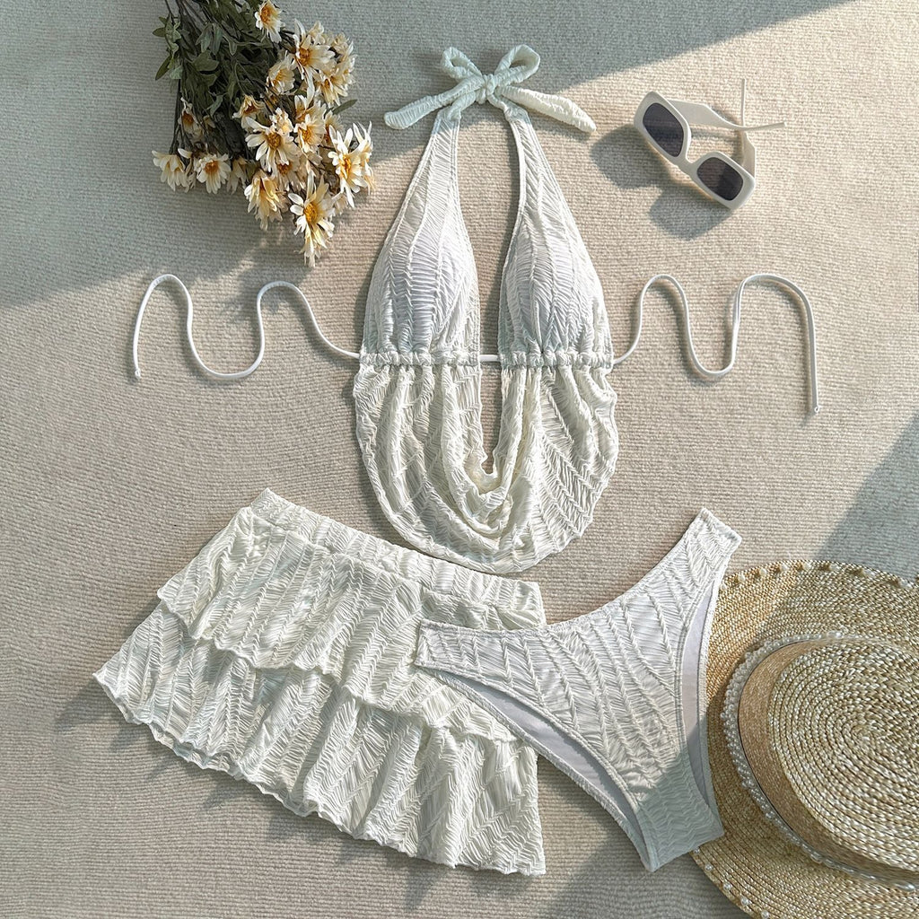 Halter Deep V Ruched Three-Piece Swimsuit