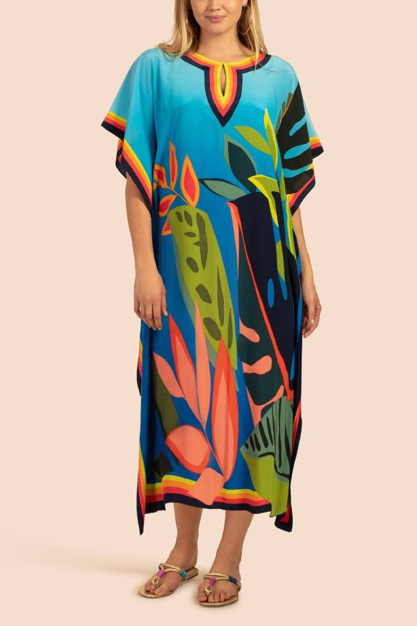 Multi-Color Printed V-Neck Kimono-Sleeve Maxi Kaftan