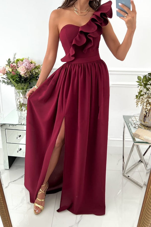 Darling Muse Ruffle One Shoulder Party Maxi Dress Wine Red