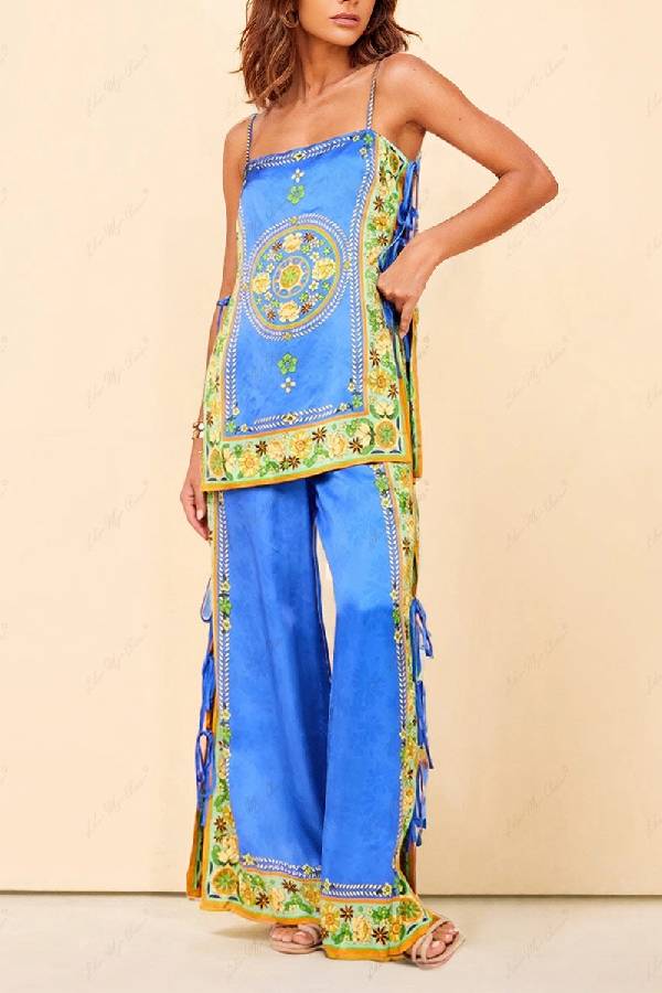 Satin Printed Tie Cami Top Split Wide Leg Pants 2 Piece Boho Vacation Set