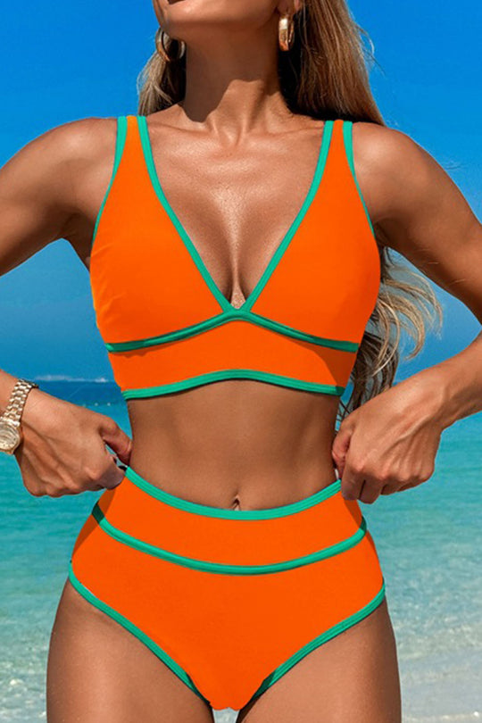 V-neck color-stitched two-piece swimsuit Orange