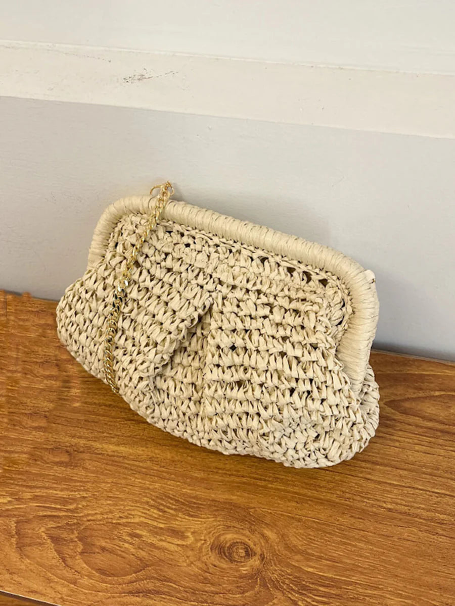Straw Niche Design Chain Shoulder Crossbody Clutch Bag Beige ONE SIZE