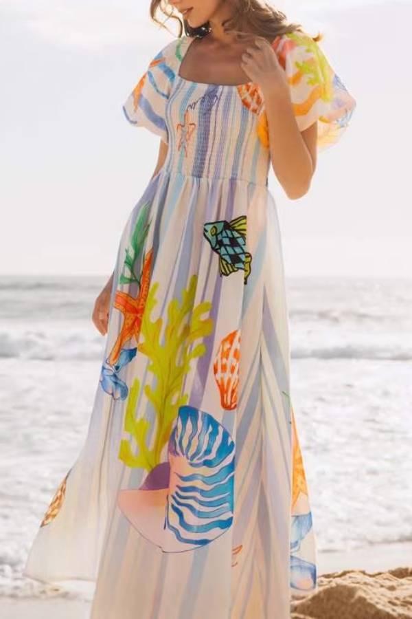 Square Neck Puff Sleeve Marine Life Print Smocked Waist Maxi Dress