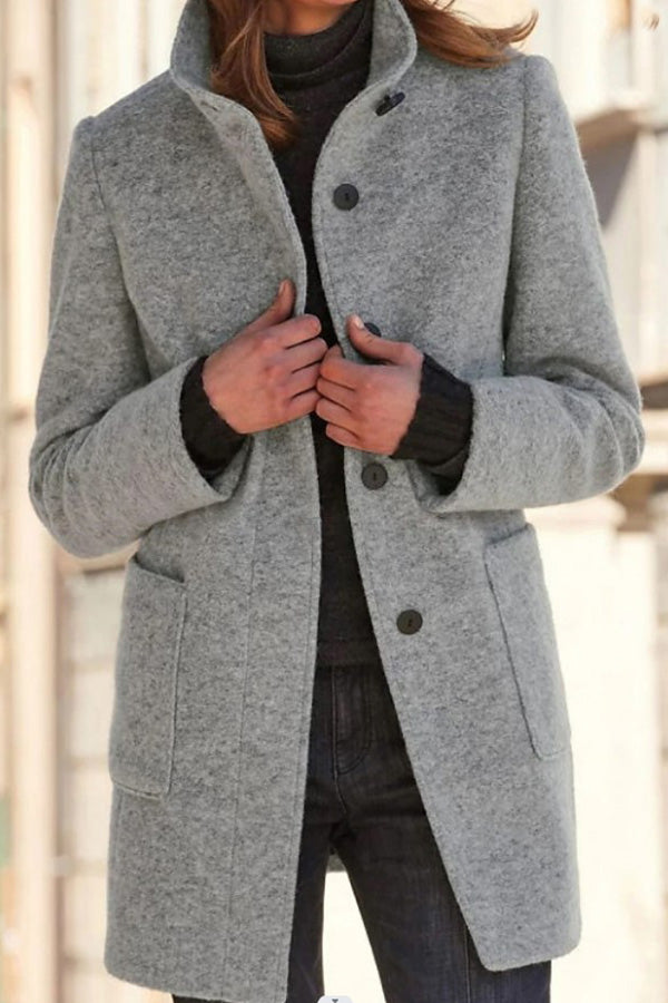Retro Solid Color Button Stand Collar Wool Jacket Grey