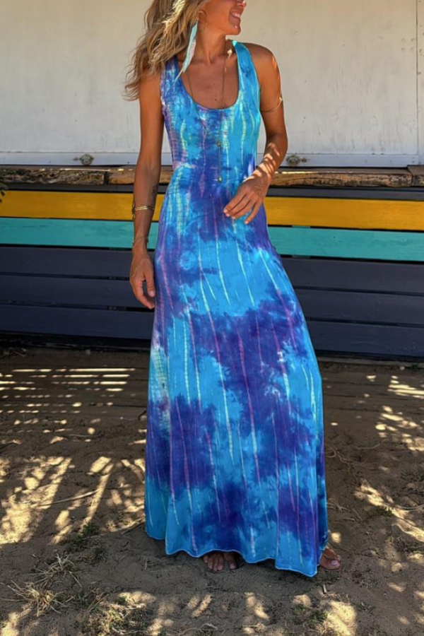 Cross Back Stretch Maxi Dress Blue