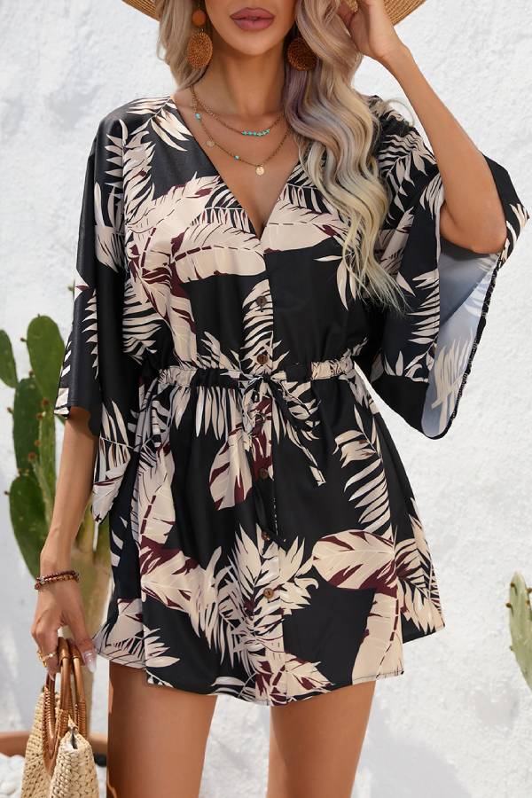 Resort-style printed batwing sleeve tie-up jumpsuit