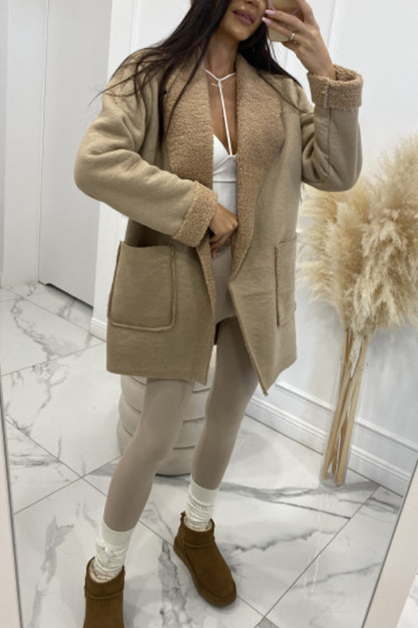 Warm short sherpa women's jacket camel