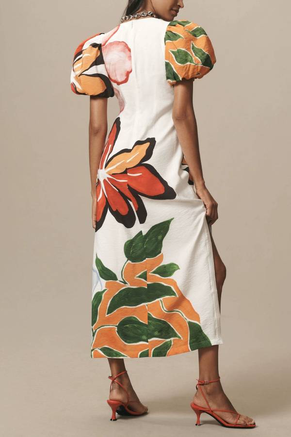 Watercolor Floral Print Puff Sleeve V-Neck Slit Midi Dress
