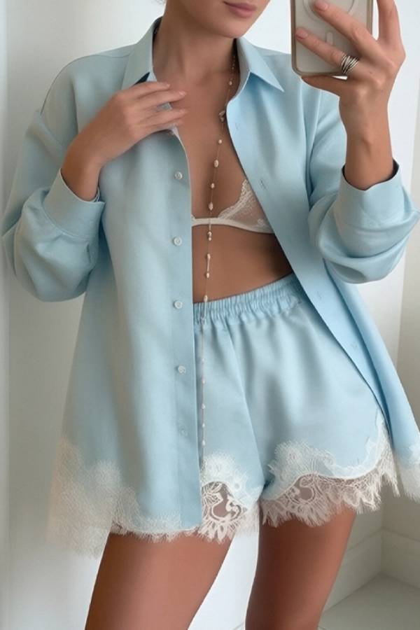Lace‑Trim Long‑Sleeve Shirt & Shorts Two‑Piece Set