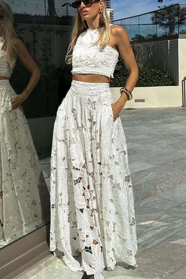 Next Trip Floral Embroidery Crochet Lace Elastic Waist Pocket Maxi Skirt