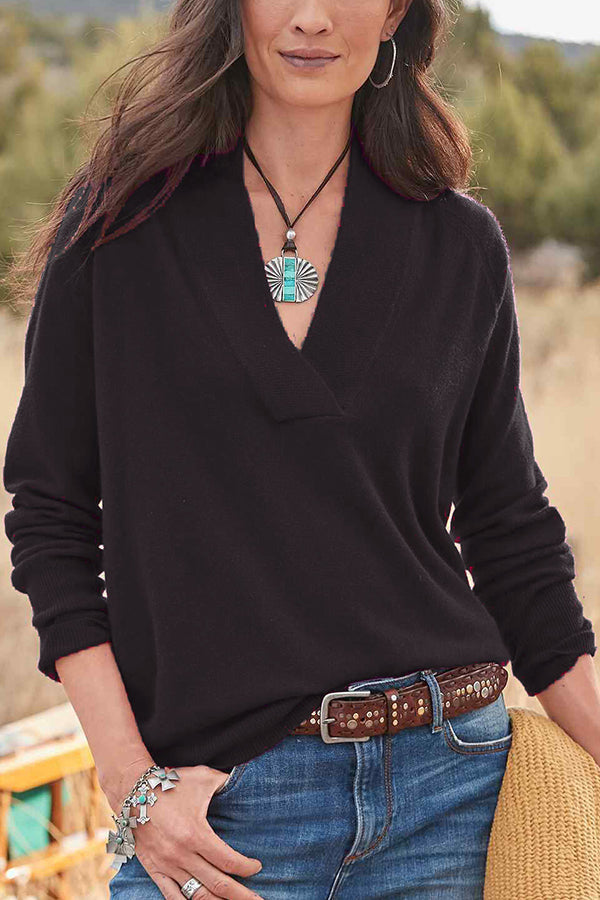 V-neck pullover solid color loose long-sleeved top Black