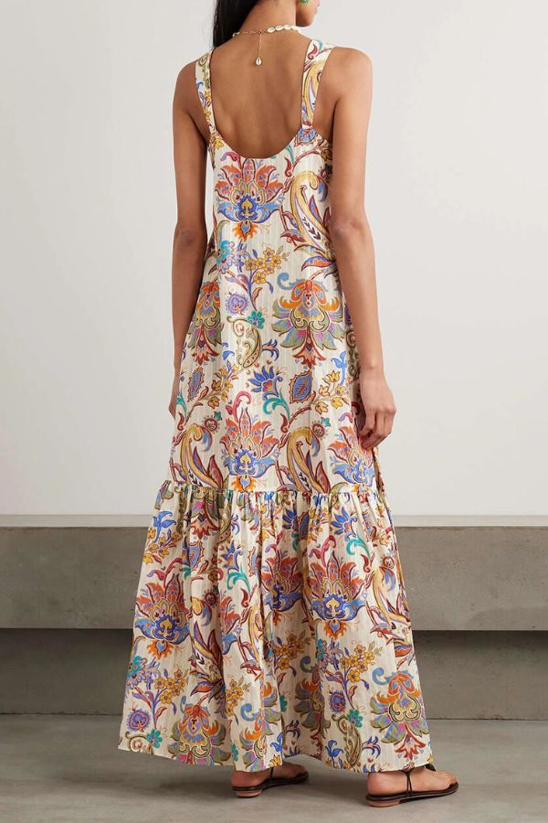 Unique Ruched Layered Paisley Print Maxi Dress
