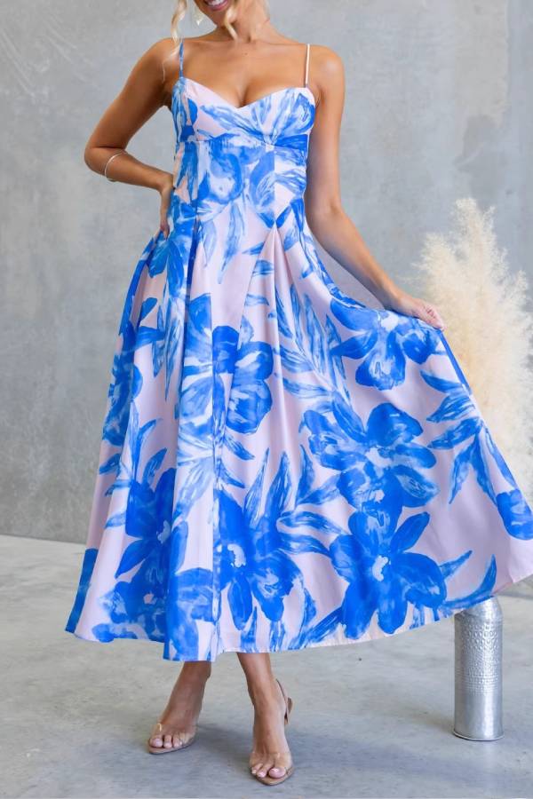 French Floral V-Neck Spaghetti Strap Fit-and-Flare Midi Dress