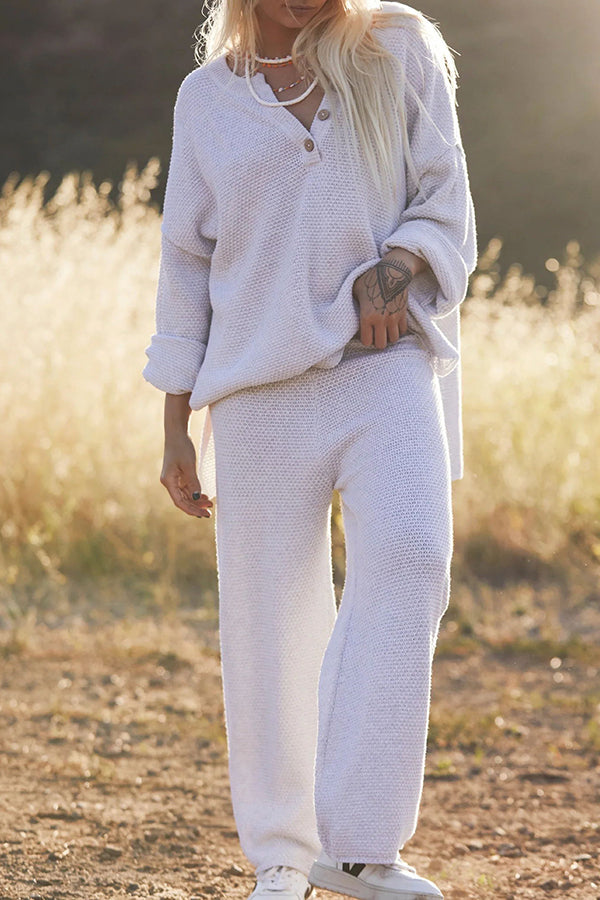 Heather Hailey Solid Color Casual Button V Neck Top and Pant Two Piece Set Pink