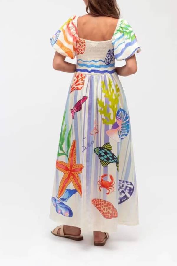 Square Neck Puff Sleeve Marine Life Print Smocked Waist Maxi Dress