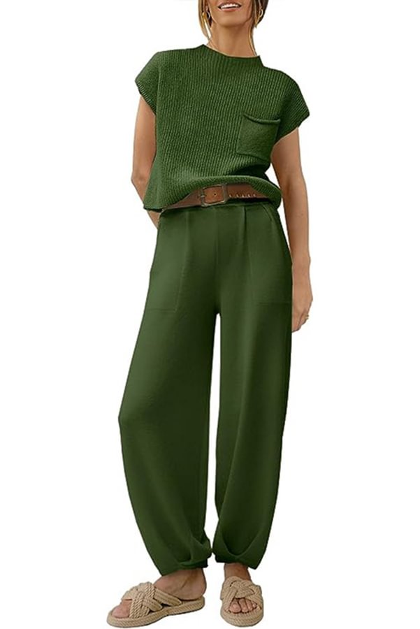 Short Sleeved Knitted Pullover Pleated Harem Pants Lounge Two Piece Set Green