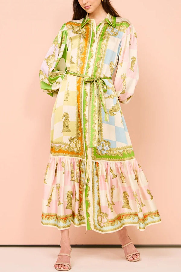 Garden Party Satin Unique Print Balloon Sleeve Belted Shirt Maxi Dress Multicolor
