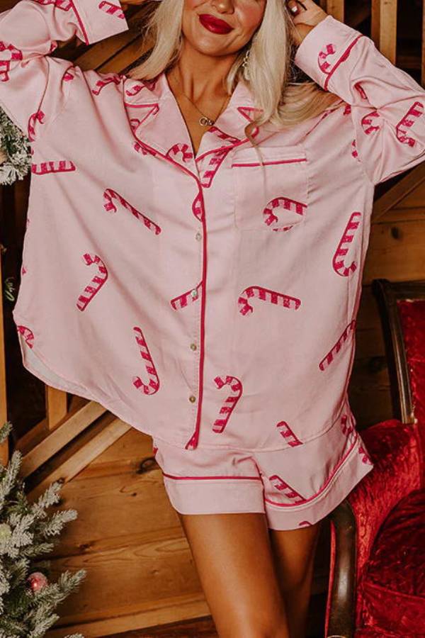 Candy Cane Kisses Satin Printed Elastic Waist Pocket Pajama Shorts Set Pink