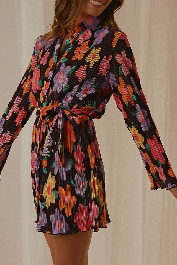Floral print lace-up lapel cardigan long-sleeve dress
