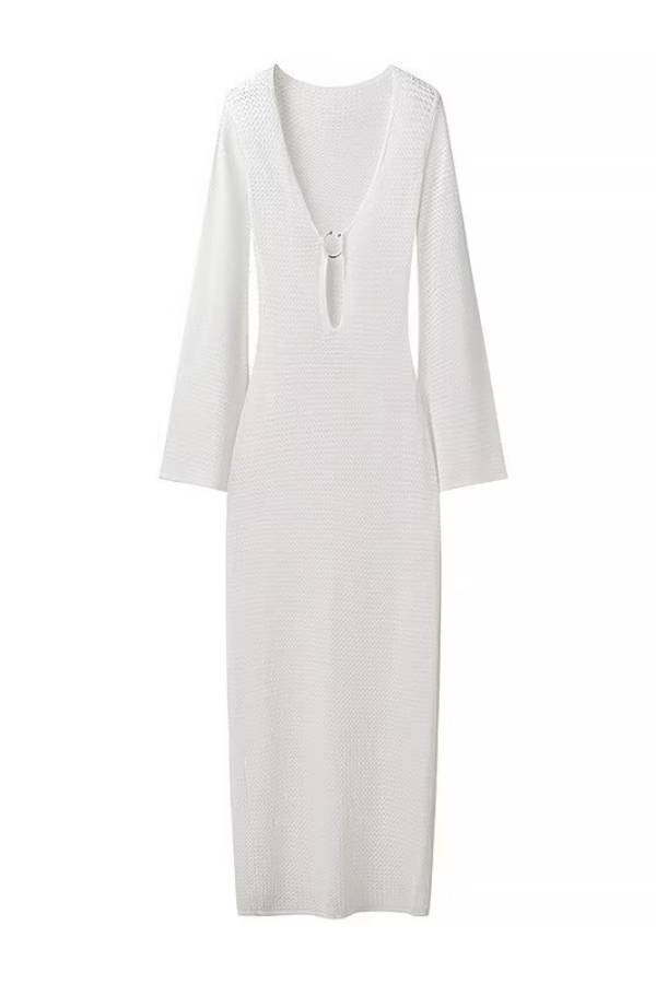 Deep V Metal Ring Cutout Long Sleeve Side Slit Knit Maxi Dress