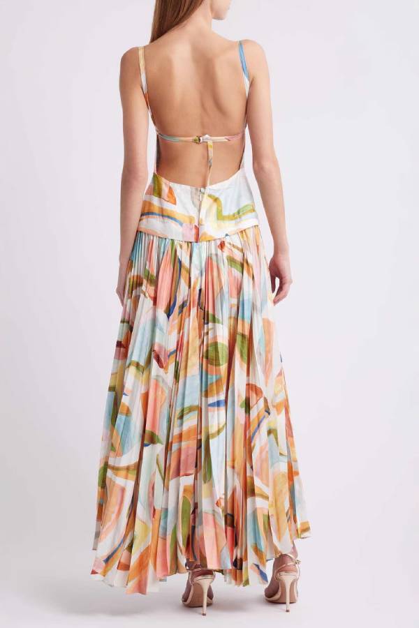 Thin Strap Square Neck Open Back Waisted Abstract Watercolor Print Pleated Maxi Dress