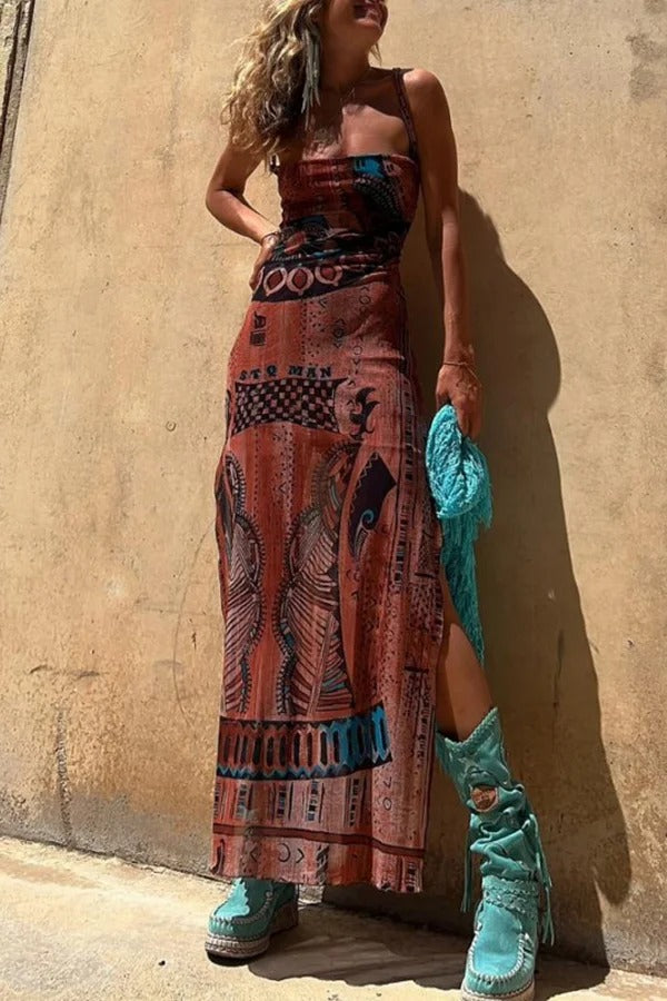 Gypsy Style Unique Print Cowl Neck Back Lace-up Slit Midi Dress Blue