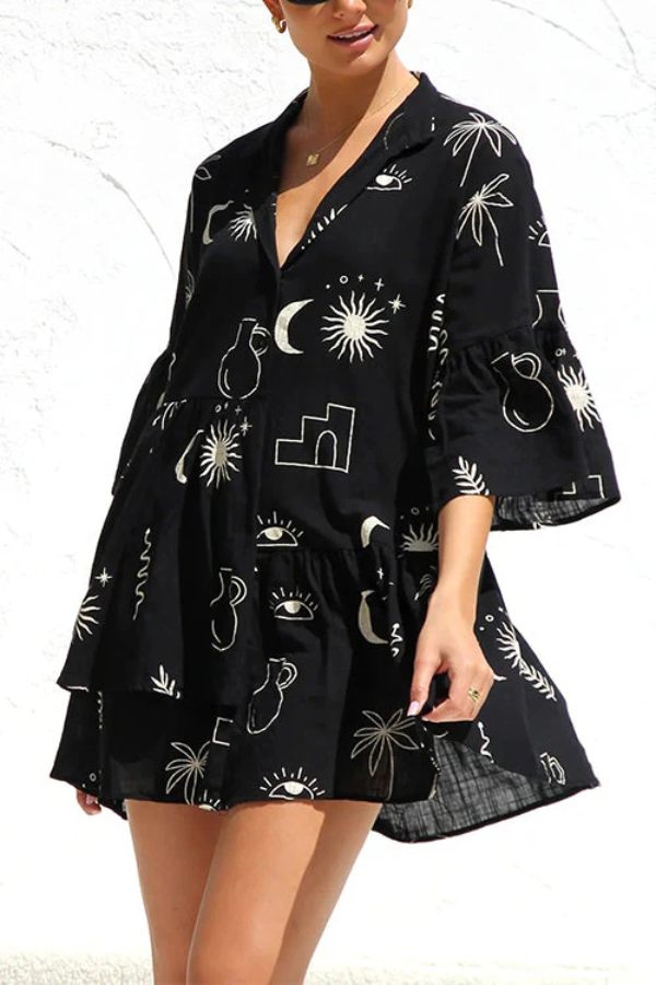Flare Sleeves Button Down Graffiti Print Ruffle Shirt Dress Black