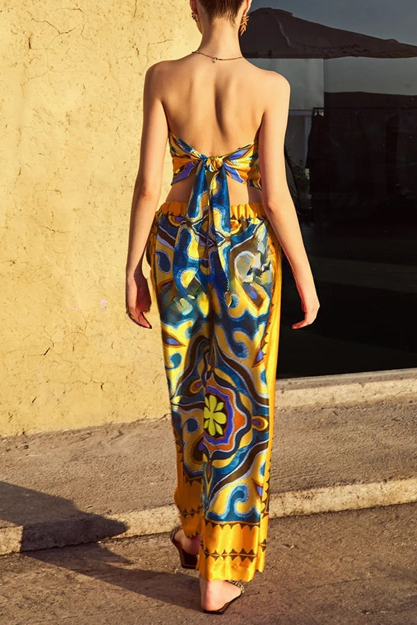 Ethnic Style Unique Print Tube Top and Elastic Waist Casual Pocket Wide Leg Pants Set