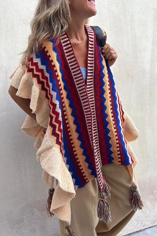 Ruffled ethnic style knitted cardigan multicolor