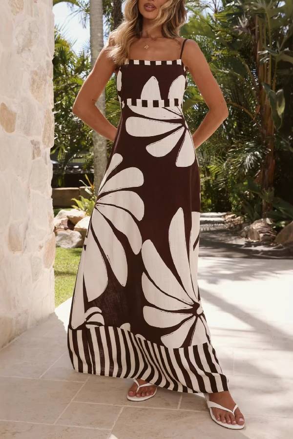 Brown and White Floral Print Cami Maxi Dress