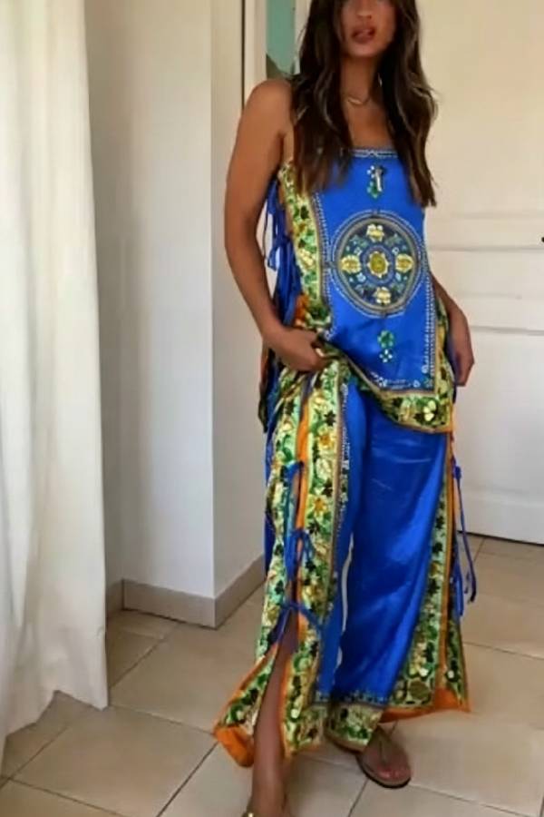 Satin Printed Tie Cami Top Split Wide Leg Pants 2 Piece Boho Vacation Set