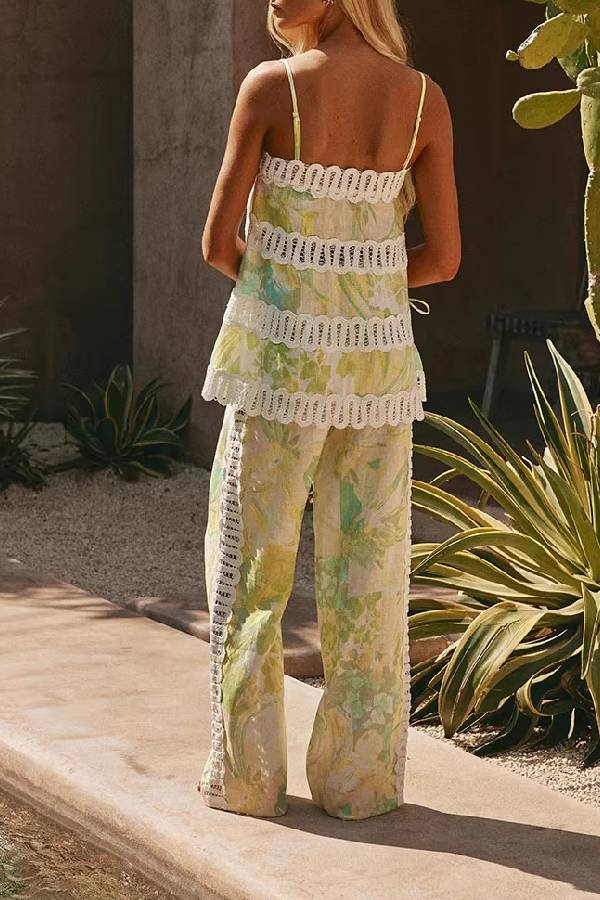 Tropical Print Lace Trim Cami Top & Wide-Leg Pants Two-Piece Set