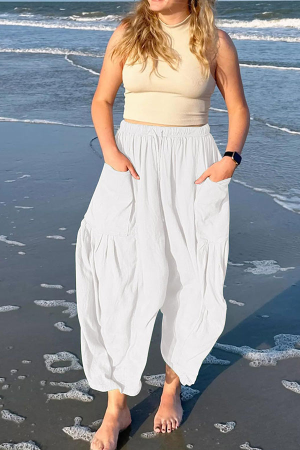 Diani Linen Blend Drawstring Waist Pocketed Loose Pants