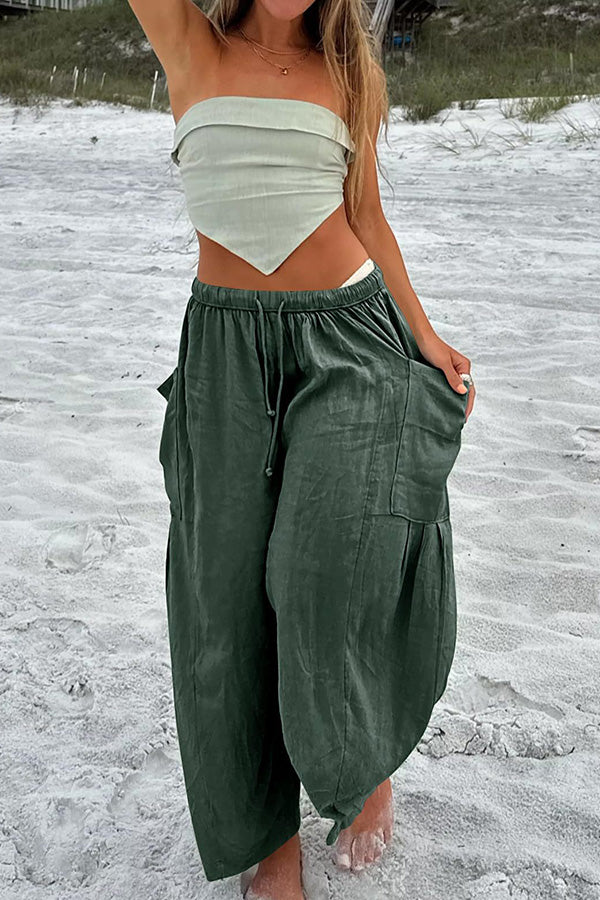 Diani Linen Blend Drawstring Waist Pocketed Loose Pants Green