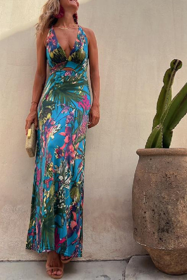 Rainforest Paradise Tropical Print Cutout Back Crossover Stretch Maxi Dress Blue