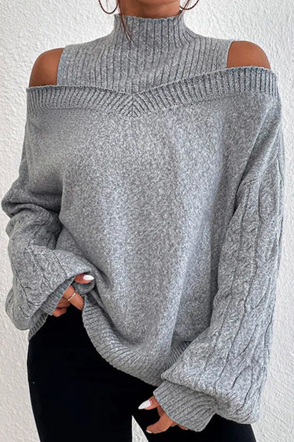 women's off shoulder turtleneck loose sweater Grey