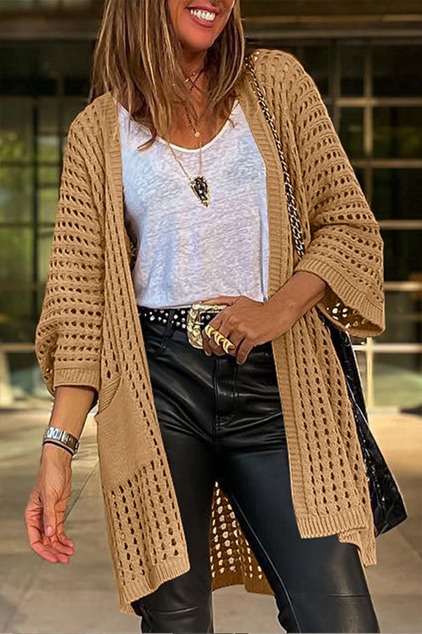 Pointelle Knit Bracelet Sleeve Open Front Cardigan Camel