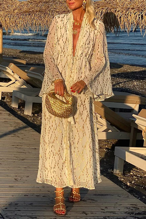Gold Glow Drawstring Elastic Waist Bell Sleeve Cover-up Kimono Maxi Dress White