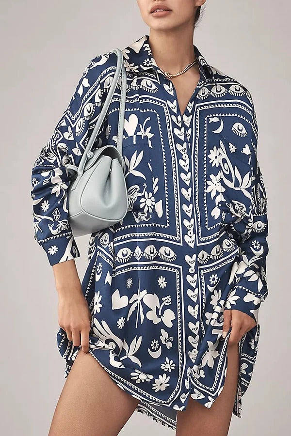 Zenya Satin Einzigartiges Print Button Up Langarm Tasche Lockeres Mini-Hemdkleid