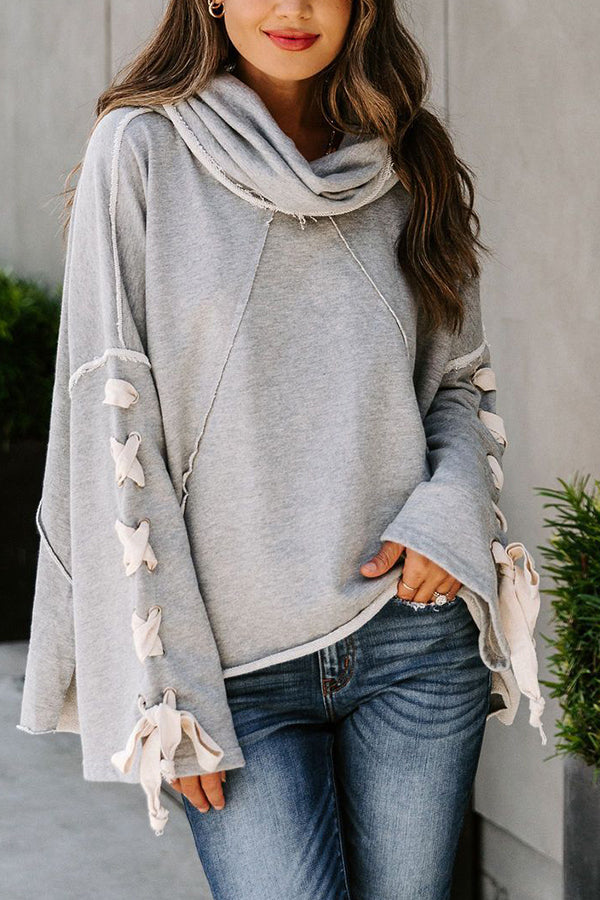 Lace Up Hooded Dolman Sleeve Hoodie Grey