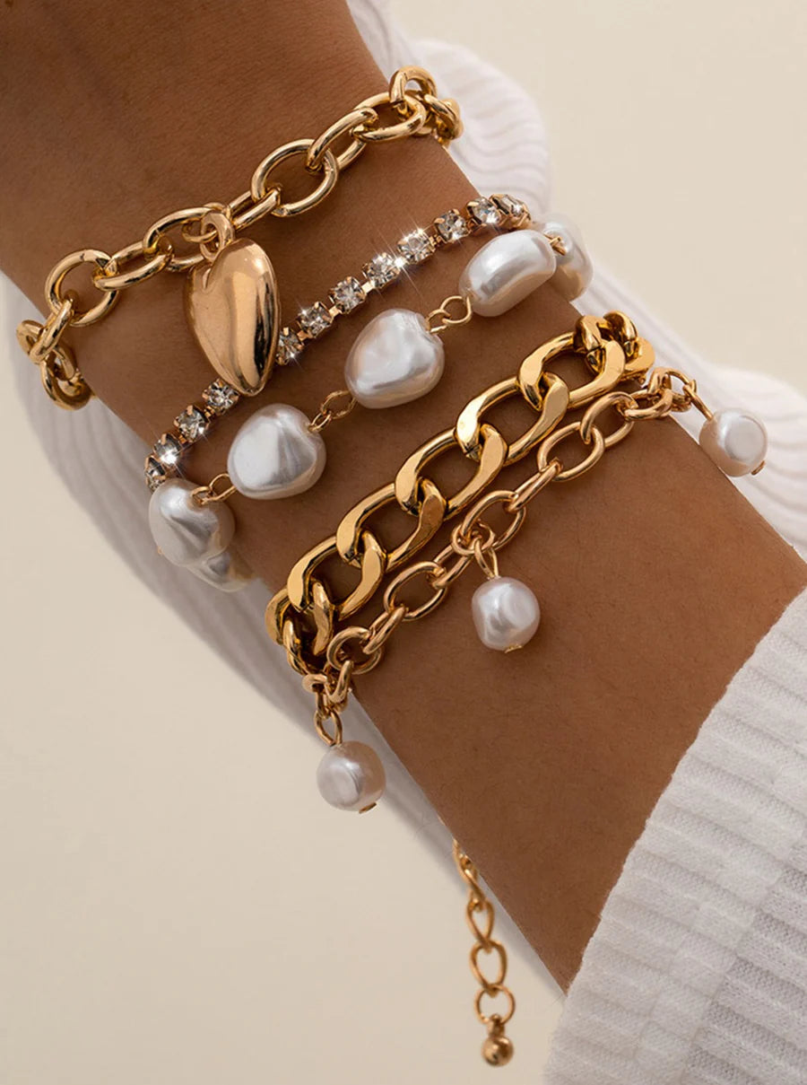 Metal Chain and Pearl Layered Bracelet Set Gold one size