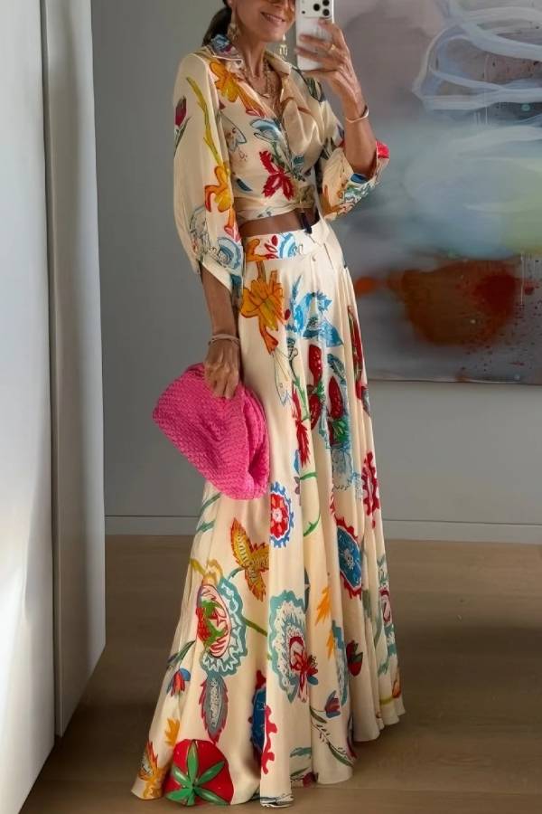 Vacation Tropical Floral Print Waist Tie Shirt & Maxi Skirt Boho Two Piece Set